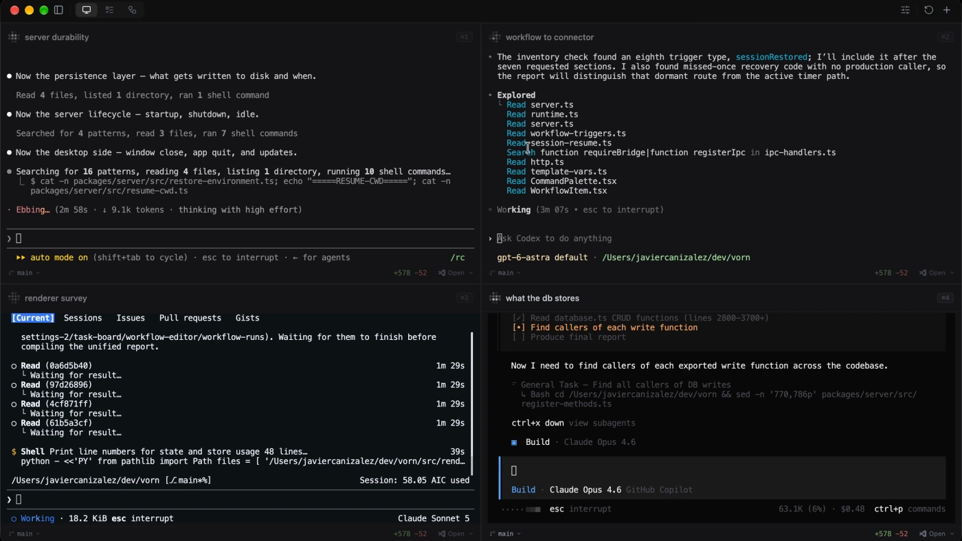 Four agent sessions running side by side in Vorn, each streaming its own output